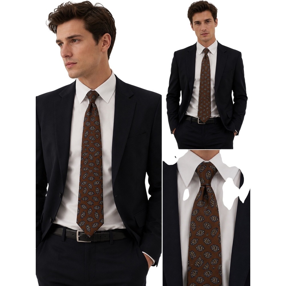 Geoffrey Beene Mens Brown Silk Geometric Leaf Pattern Necktie Made in USA
